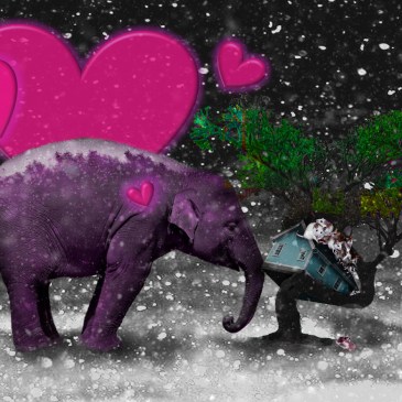 Art of elephant with head against tree, house in tree, mice on top of house.