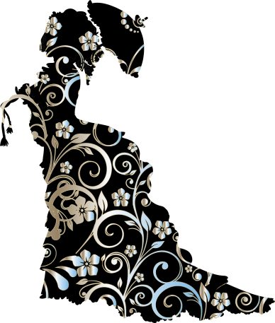 silhouette of Victorian woman, flower designs