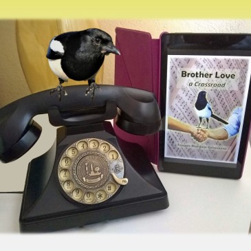 Jinx on rotary phone next to "Brother Love - a Crossroad" on my Kindle.