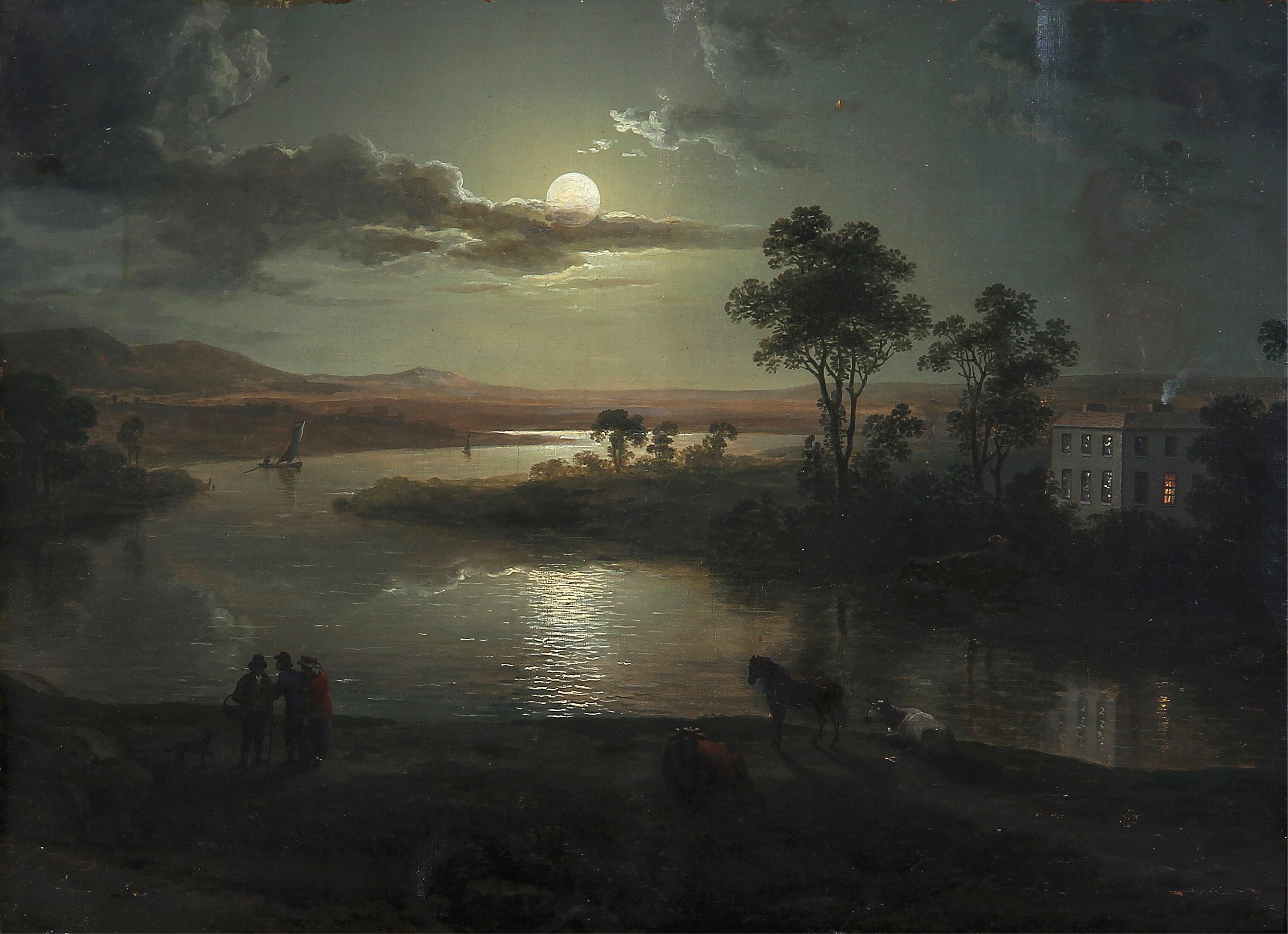 Abraham Pether - Evening scene with full moon and persons (1801