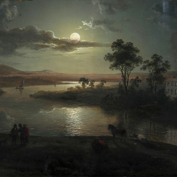 Abraham Pether - Evening scene with full moon and persons (1801