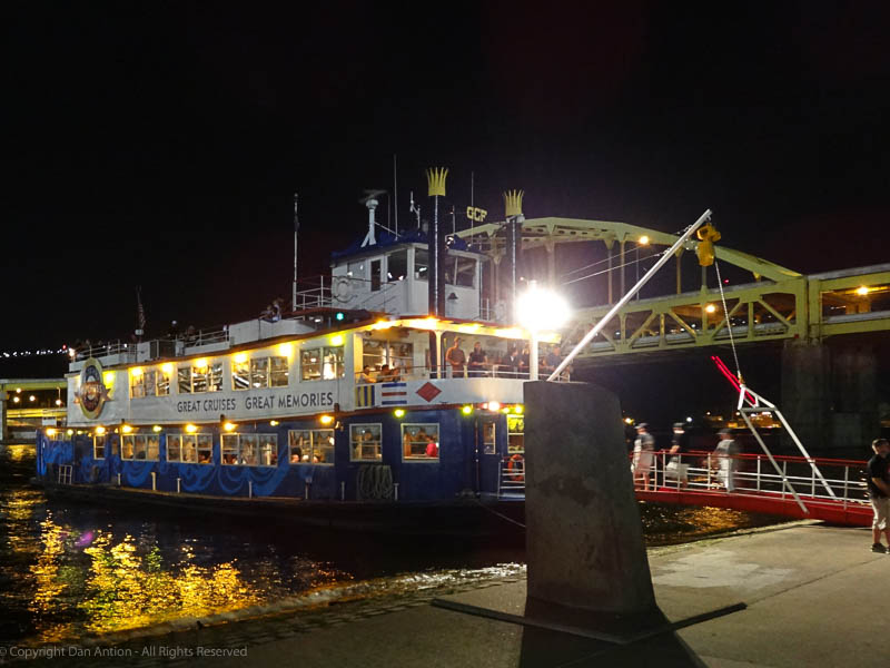 Riverboat docked night lights Dan Antion