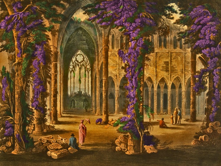 Tintern Abbey, South Window, by Frederick Calvert, 1815. Color tomfoolery by Teagan