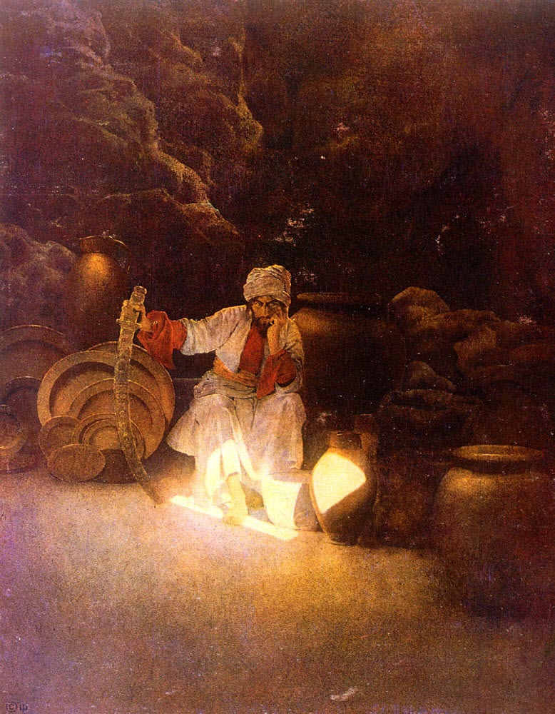 Cassim, Ali Babas elder brother in the cave by Maxfield Parrish 1909 Wikipedia