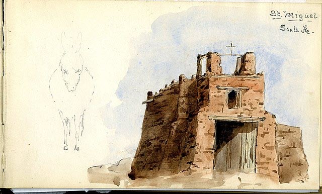 1885 watercolor Mary King Longfellow San Miguel Chapel Santa Fe Wikimedia