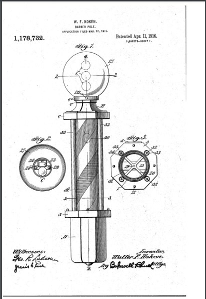 US Patent US1178732A, year 1916 for a barber pole.