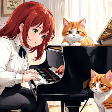 chubby-middle-aged-redhead-playing-piano-while-2-ginger-cats-watch