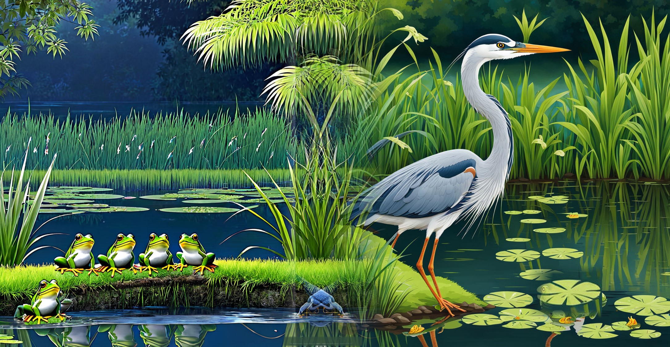 Frogs behind Heron image collage by Teagan