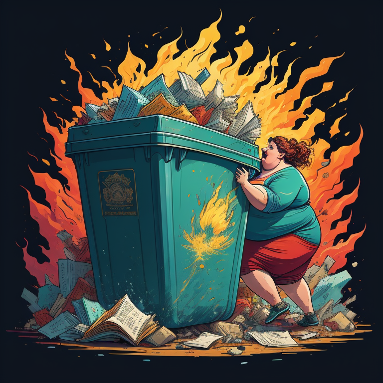CGI image by Teagan. Fat redhead trying to fix burning dumpster
