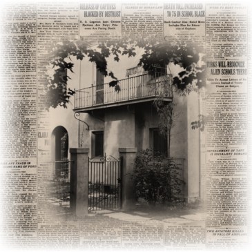 1920s New Orleans home iron balconies gate on vintage newspaper composite Teagan R Geneviene