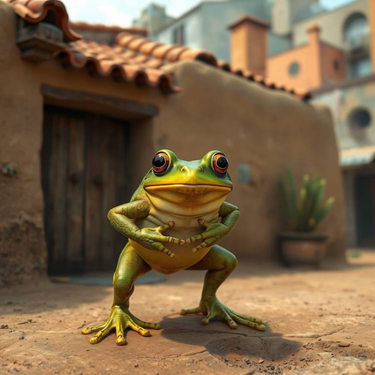 Bullfrog outside door of adobe house