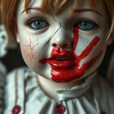 Doll broken face & red handprint