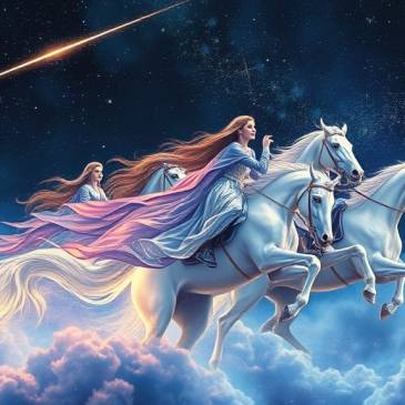 2 Women riding white horses in the clouds