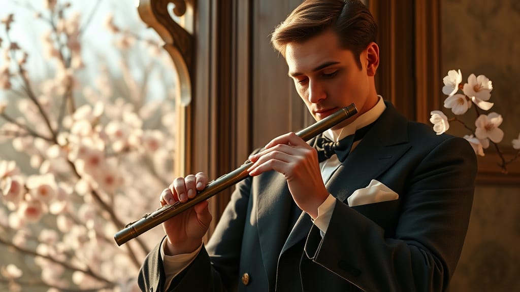 1908 Edwardian man playing flute cherry blossoms by Teagan via Night Cafe