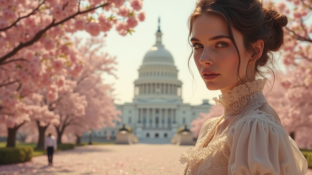 1900s Woman amber eyes outside Capitol Building cherry blossoms. By Teagan via Night Cafe
