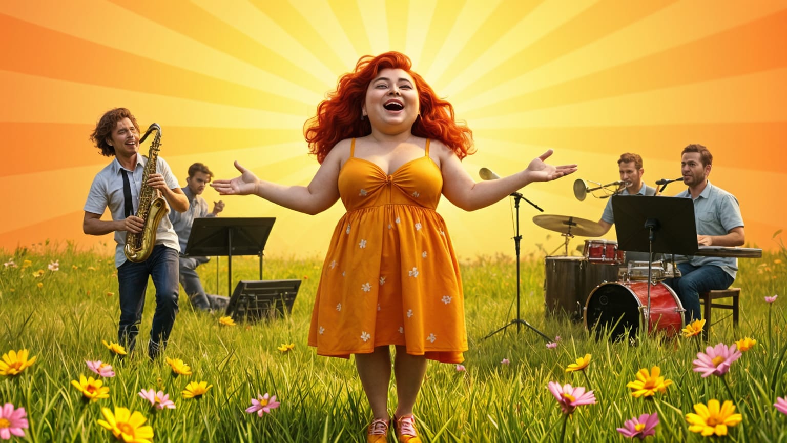 Redhead sings Jazz band in meadow sunlight Teagan via Night Cafe