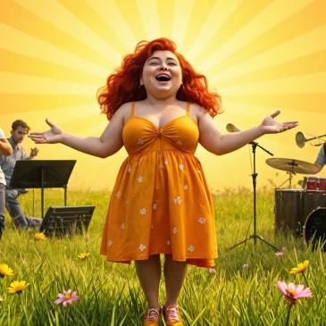 Redhead sings Jazz band in meadow sunlight Teagan via Night Cafe