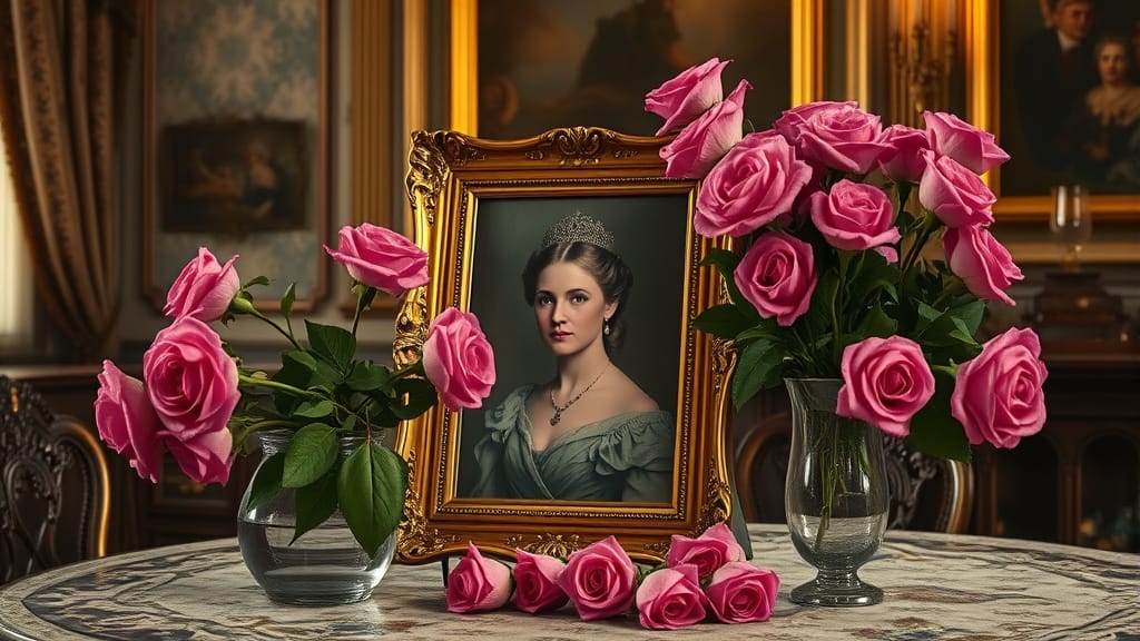 Photo of Edwardian Era princess with pink roses by Teagan via Night Cafe
