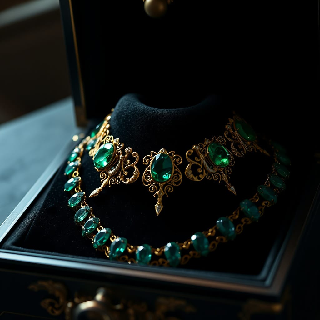 Emerald collar necklace in box by Teagan via Night Cafe