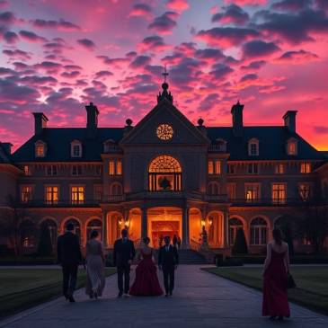 Mansion people outside bright mauve sky Teagan via Night Cafe