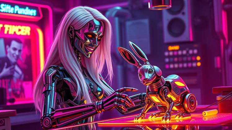 Blonde terminator robot inventing rabbit bot by Teagan via Night Cafe
