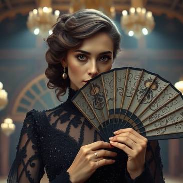 Edwardian woman in black gown with fan by Teagan via Night Cafe