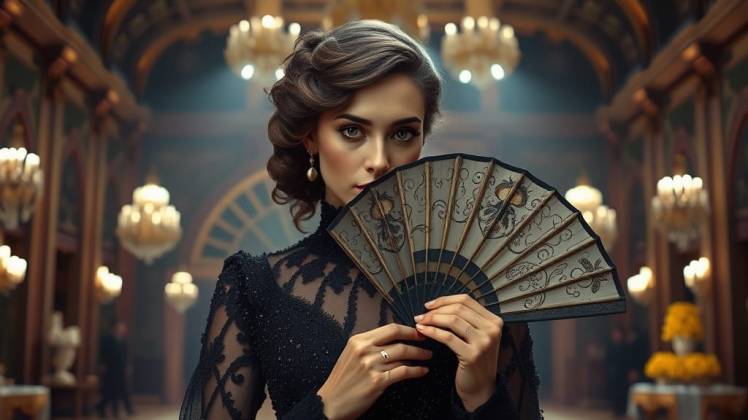 Edwardian woman in black gown with fan by Teagan via Night Cafe