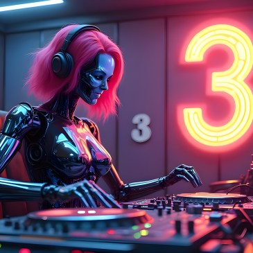 Female Terminator robot pink hair DJ, by Teagan via Night Cafe