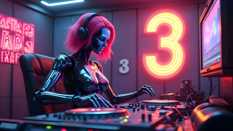 Female Terminator robot pink hair DJ, by Teagan via Night Cafe