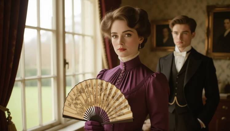 1905 Woman holding fan man bkgnd parlor