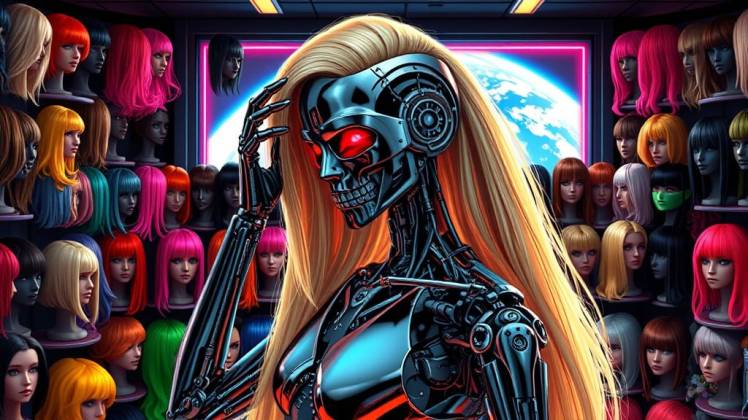 Terminator robot choosing a wig