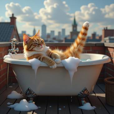 Ginger cat bathing in rooftop tub by Teagan via Night Cafe