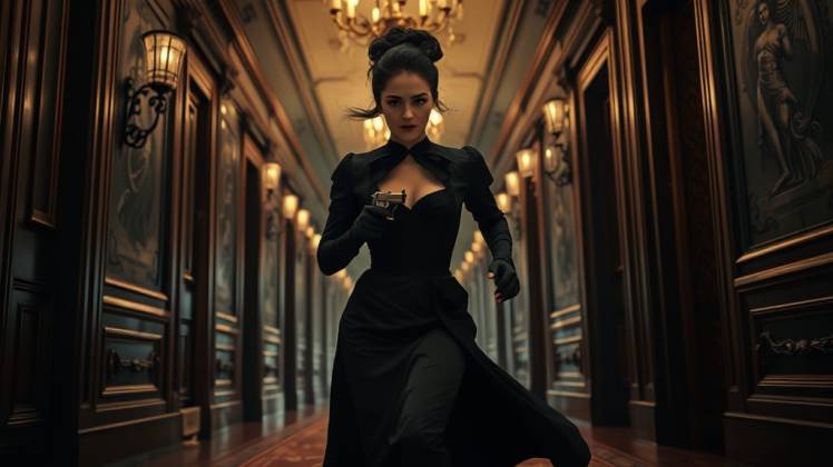 1904 Edwardian woman running away with gun by Teagan via Night Cafe