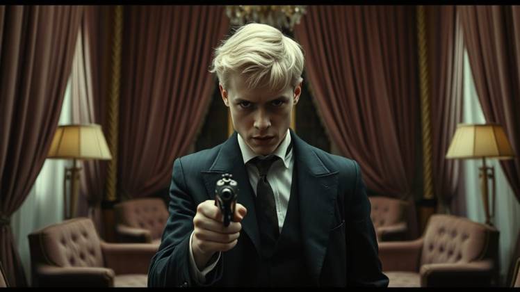 Blond man in parlor with gun by Teagan via Night Cafe