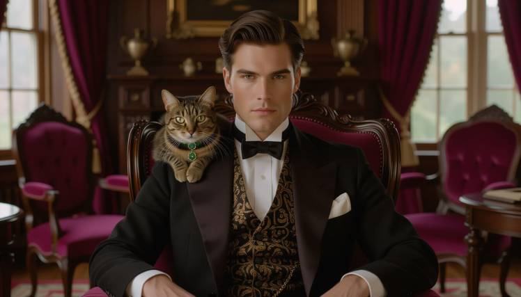 Edwardian 1904 Man n tabby cat on shoulder in parlor by Teagan via Night Cafe