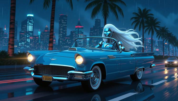 Female Terminator robot driving vintage convertible by Teagan via Night Cafe