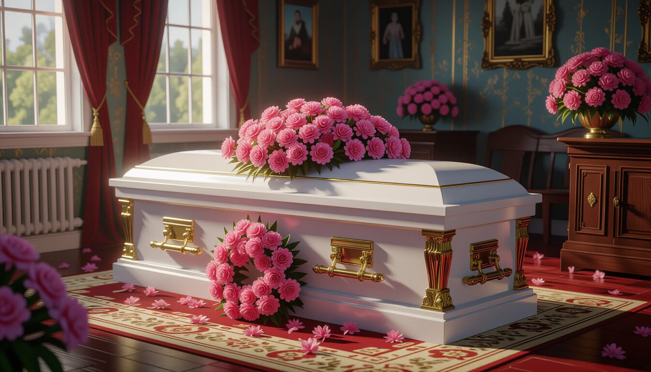 Pink carnations and a child-size casket