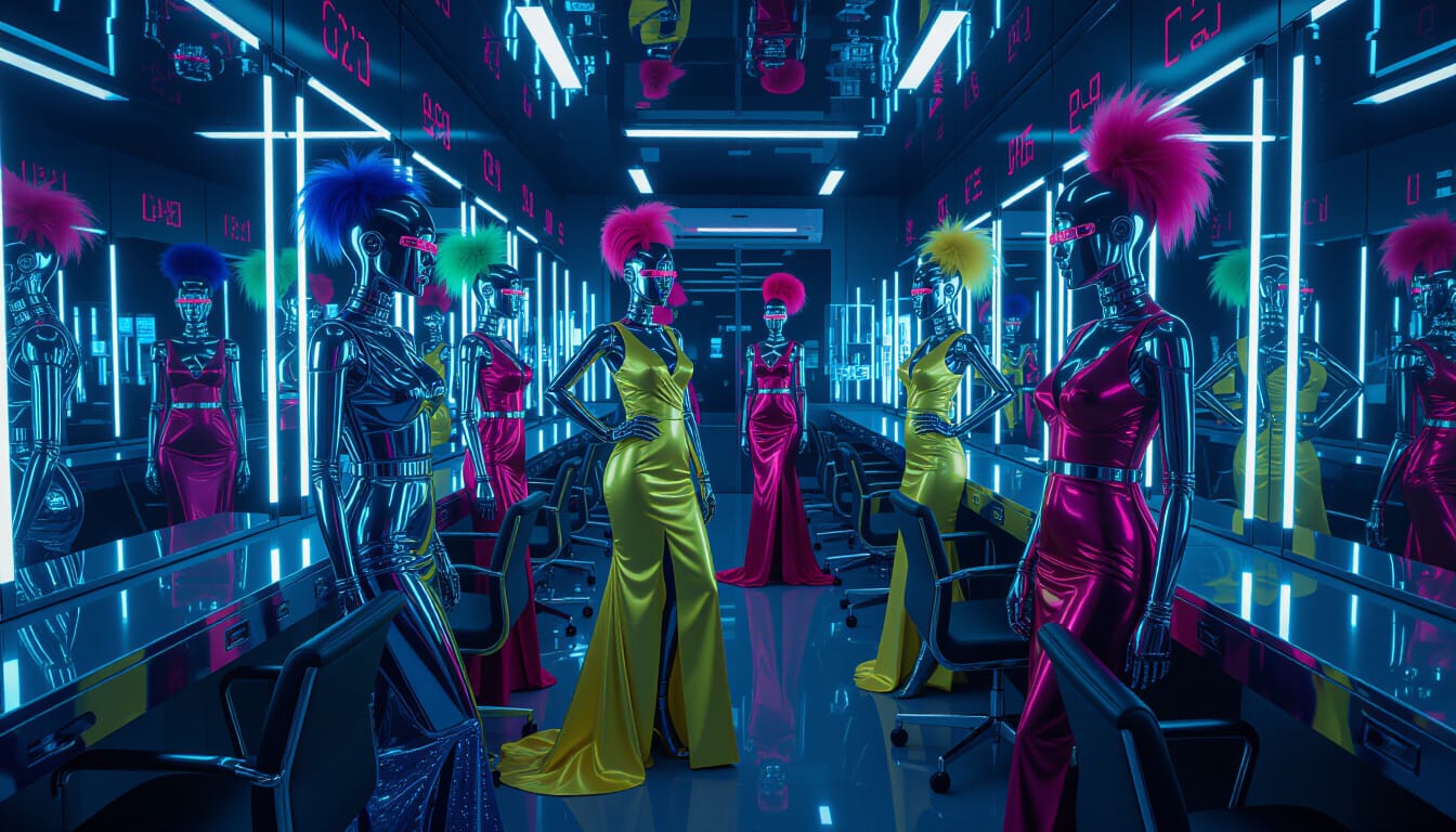 A group of Reinventionator robots in a mirrored dressing room