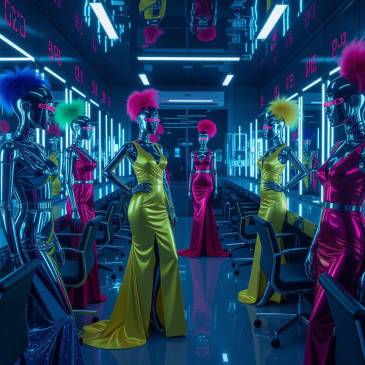 A group of Reinventionator robots in a mirrored dressing room