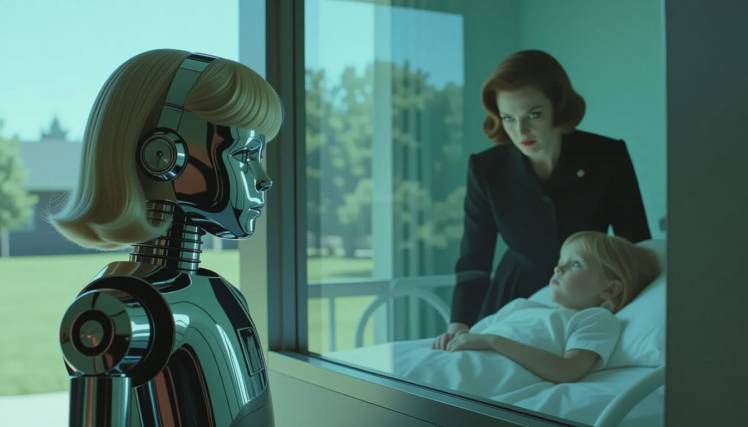 little girl terminator robot looking into hospital room of human girl with evil mother, by Teagan via Night Cafe