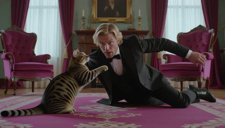 tabby cat n falling blond man in parlor by Teagan via Night Cafe