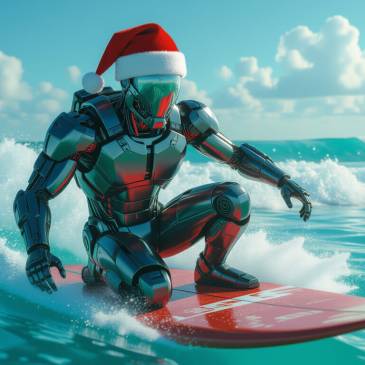Terminator Santa robot riding surfboard by Teagan via Night Cafe