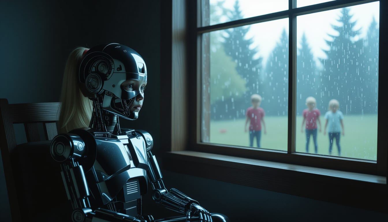 child robot in dark room children play outside