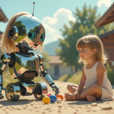 little girl terminator robot playing with little girl human, by Teagan via Night Cafe