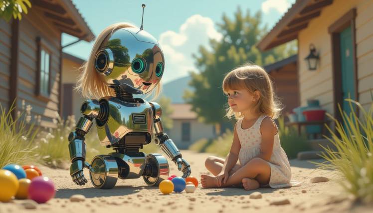 little girl terminator robot playing with little girl human, by Teagan via Night Cafe