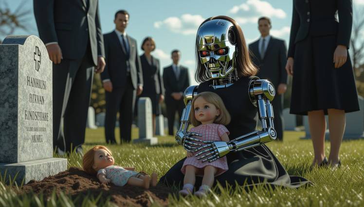 little girl terminator robot with 2 dolls at a grave funeral