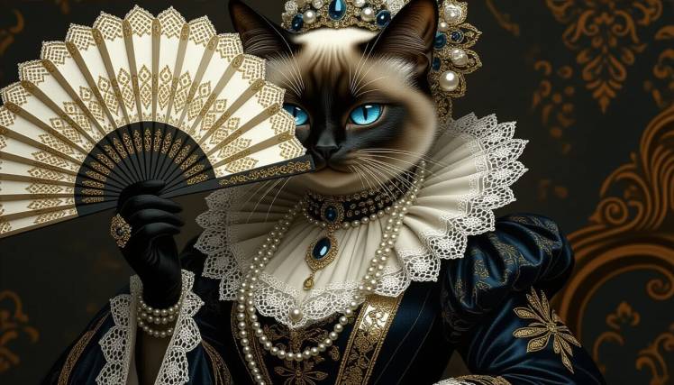 Elizabethan Era Siamese cat holding fan to right eye, by Teagan via Night Cafe