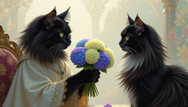 2 black Persian cats with bouquet of Hydrangea flowers by Teagan via Night Cafe