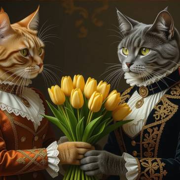 2 Victorian Cats-friends with yellow tulip bouquet by Teagan via Night Cafe