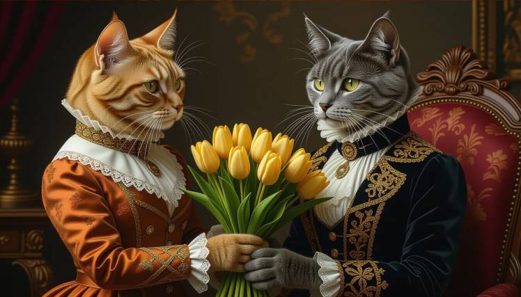 2 Victorian Cats-friends with yellow tulip bouquet by Teagan via Night Cafe
